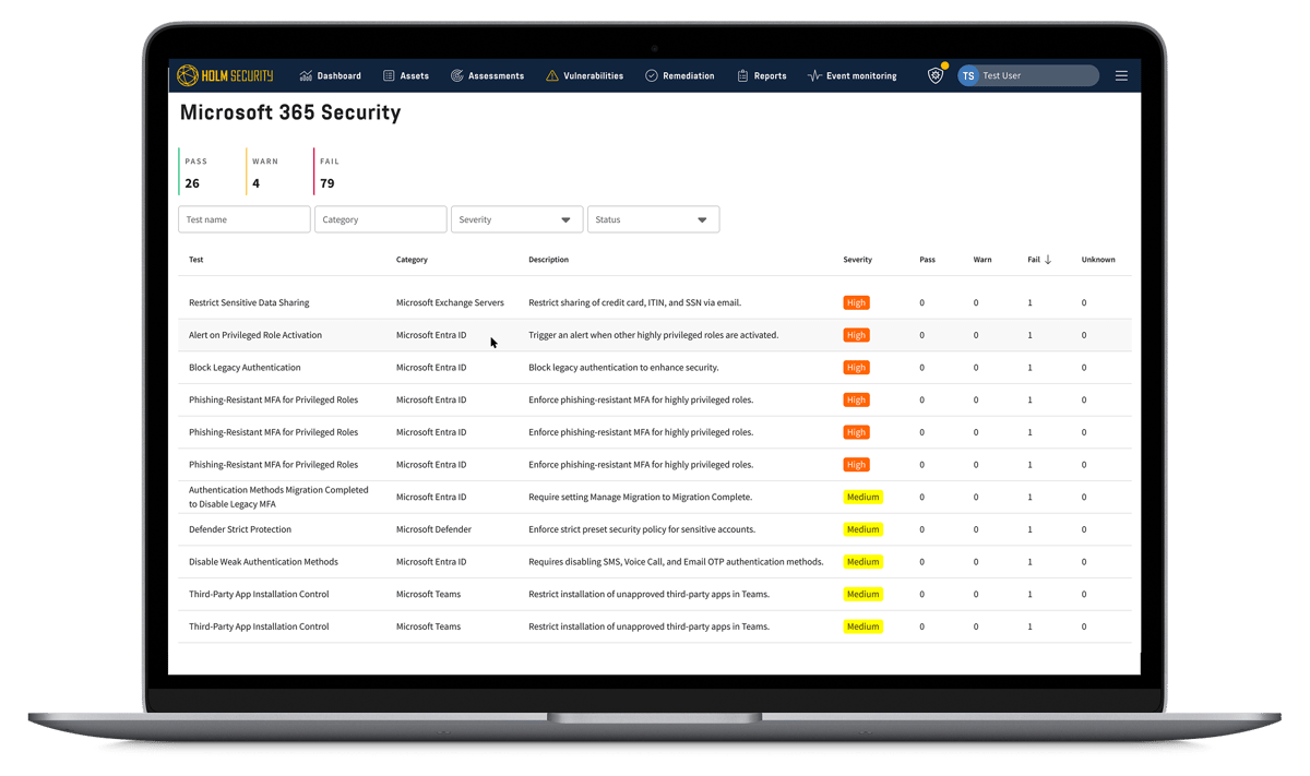 A laptop view of vulnerabilities within a hypothetical customer's Microsoft environment using Holm Security's Microsoft 365 Security.