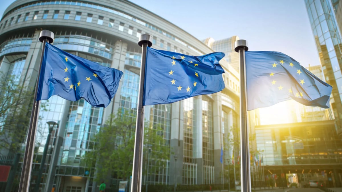 Flag of the European Union in front of Parliament in Brussels Belgium