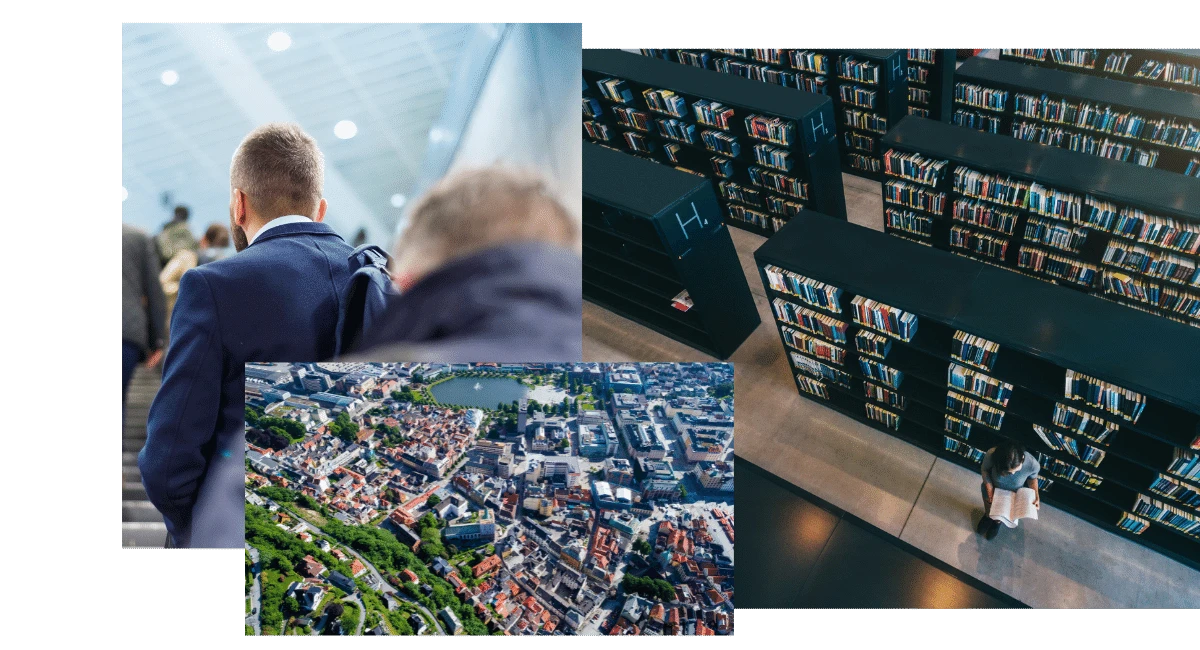 image collection  Man in public transport, girl in library and aerial view of town