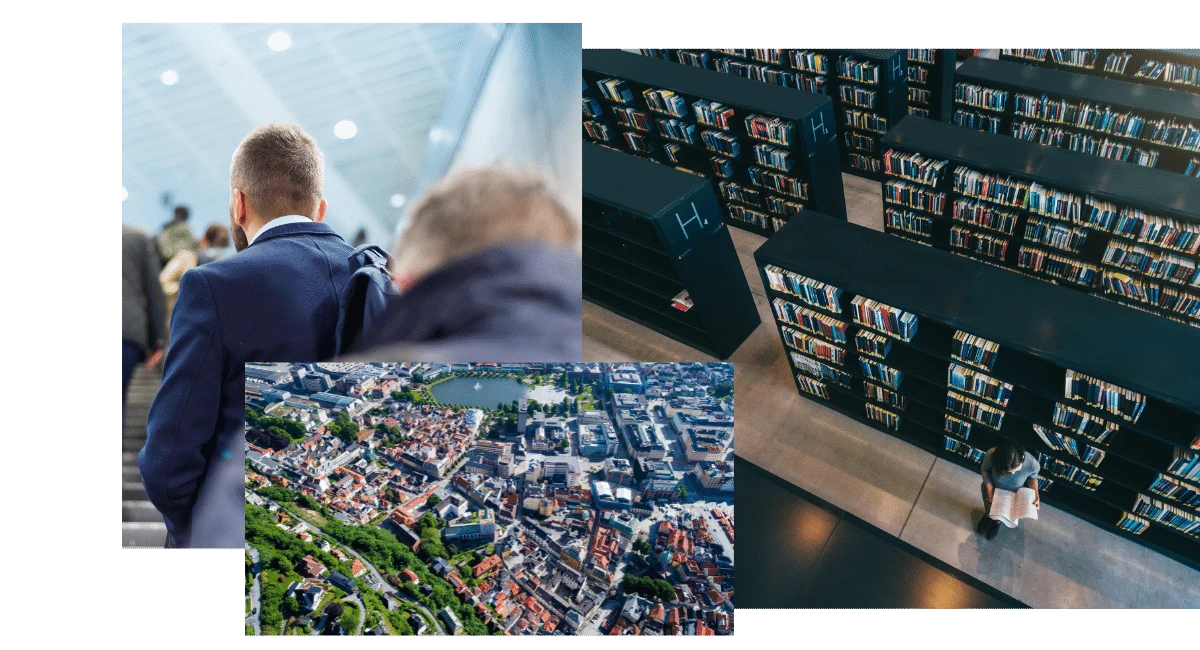 image collection Man in public transport, girl in library and aerial view of town