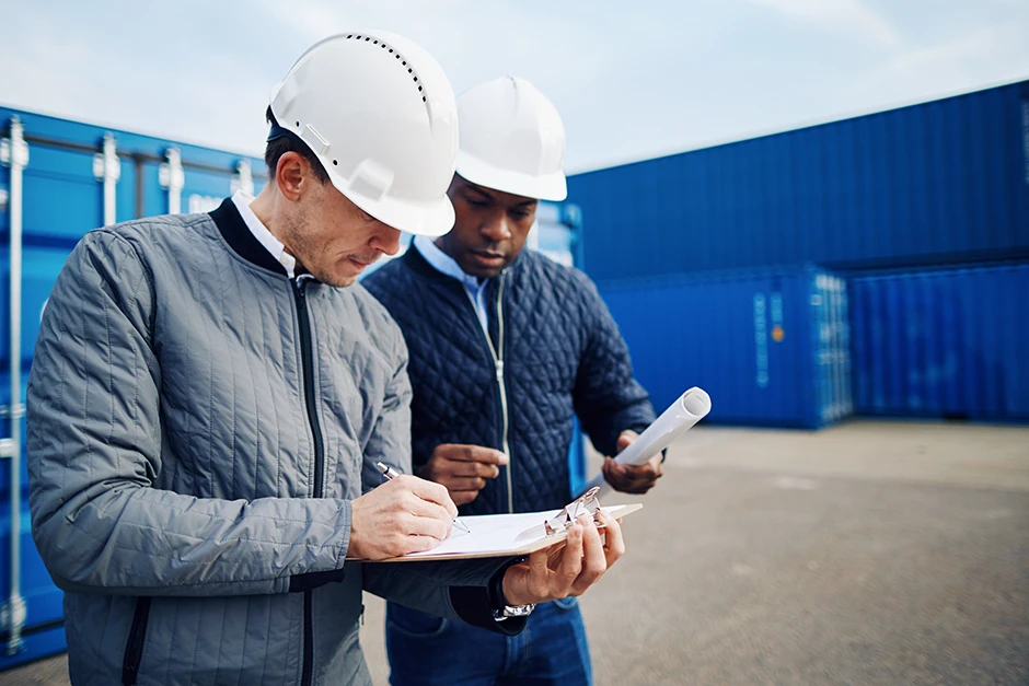 ICS compliance - two engineers standing in a shipping yard